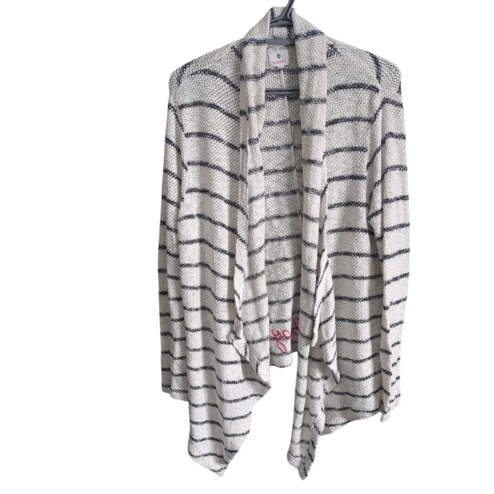 SUNDRY "Love Always" White Striped Lightweight Waterfall Cardi Size 2‎ (US M)